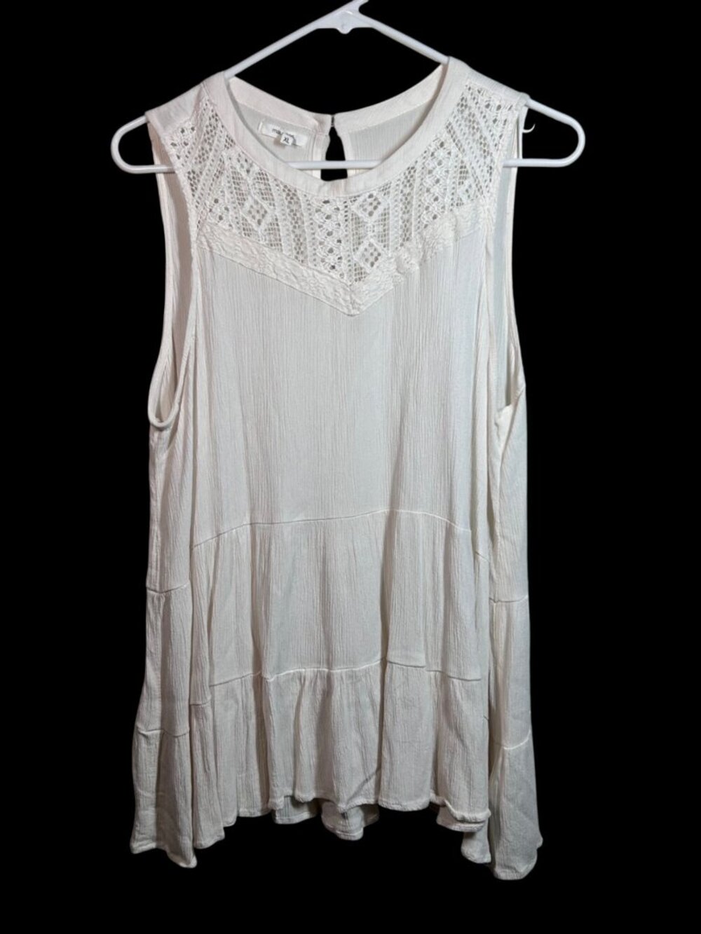 Sleeveless White Rayon Tiered Tunic Top With Crochet Lace Trim Detail